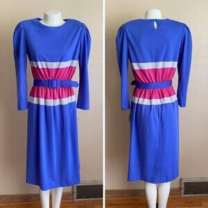 VTG 80s Tabby of California NWT Sz 8 Purple Pink Color Block Dress Belt Long Slv